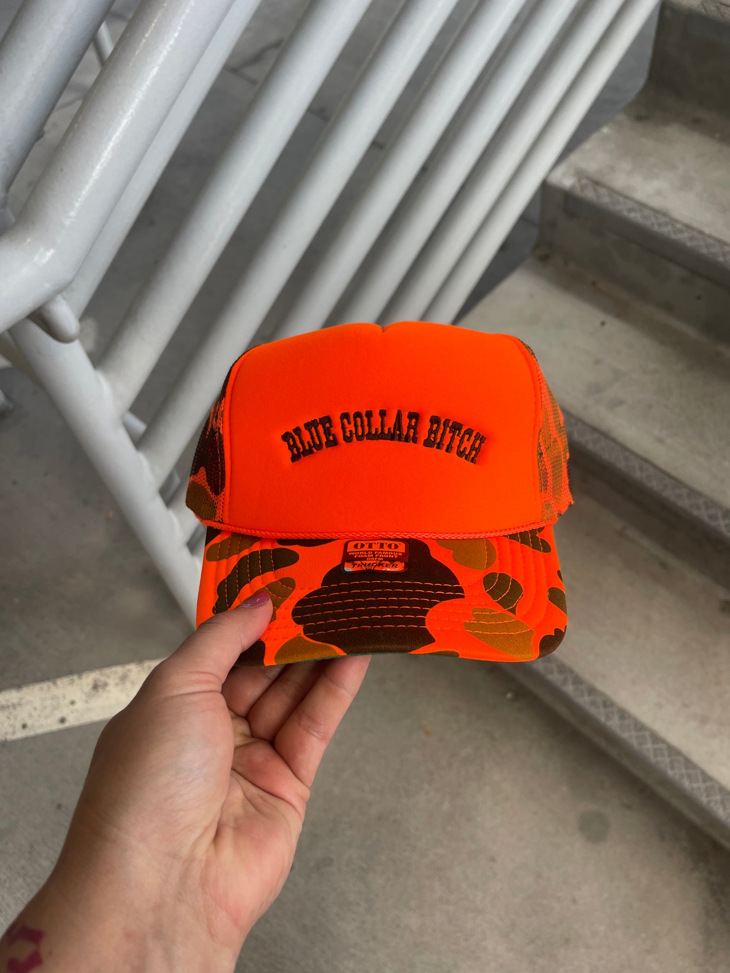 Orange Camo Blue Collar B**** Trucker Hat